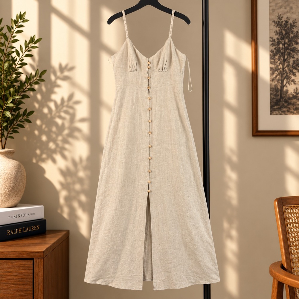 Zara Maxi Dress Womens S Beige Linen Blend Button Front Braided Straps NWT